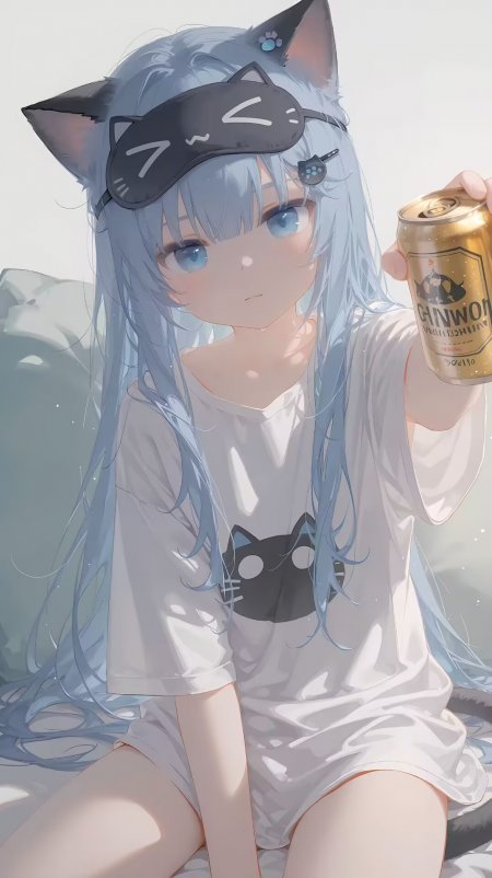 蓝发猫耳居家递罐可爱少女动漫手机壁纸
