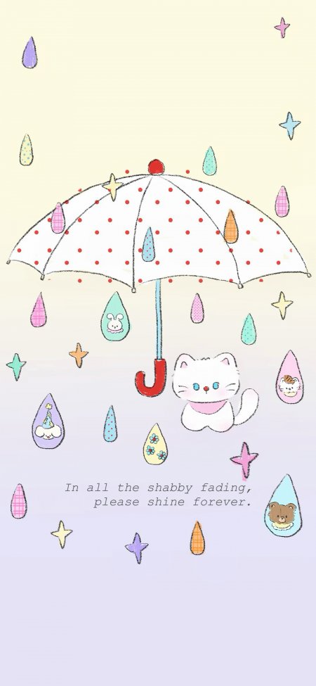 白猫撑伞彩色雨滴治愈创意手机壁纸