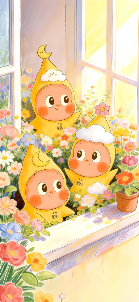 窗边星星人花丛治愈插画创意手机壁纸