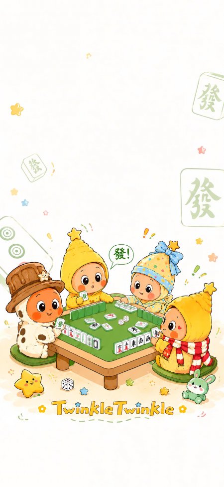 可爱卡通围坐打麻将发财创意手机壁纸