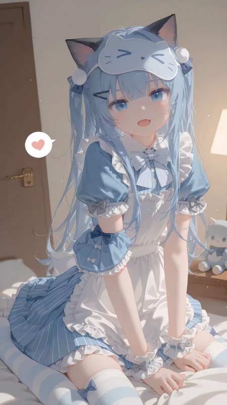 蓝发猫耳女仆卧室萌系少女动漫手机壁纸