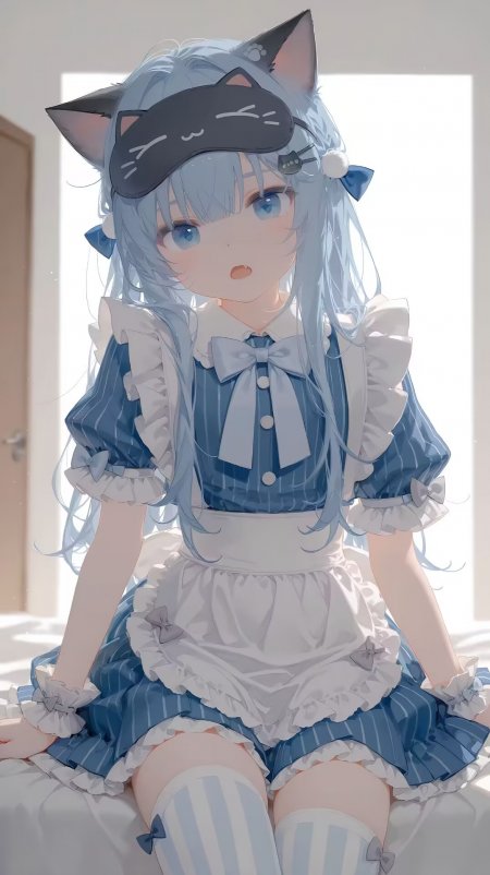 蓝发猫耳女仆条纹装少女动漫手机壁纸