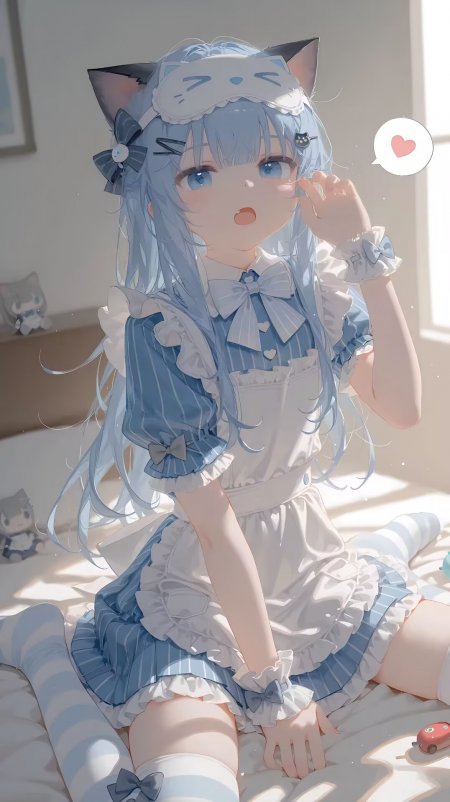 蓝发猫耳女仆装可爱少女动漫手机壁纸