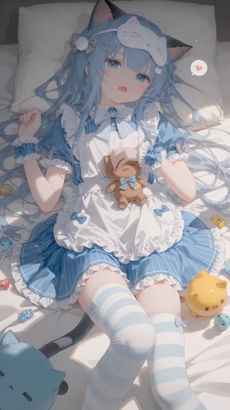 蓝发猫耳少女床上慵懒动漫手机壁纸