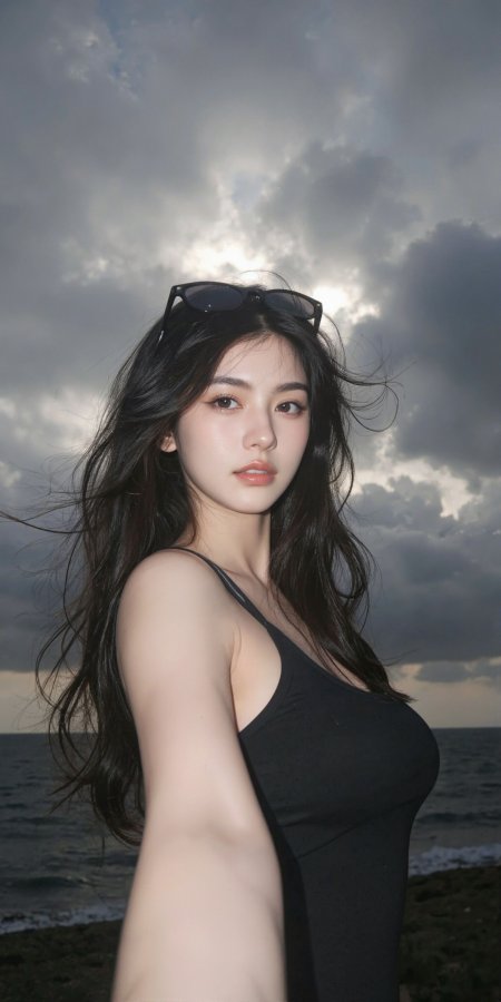 海边阴天长发自拍氛围美女手机壁纸
