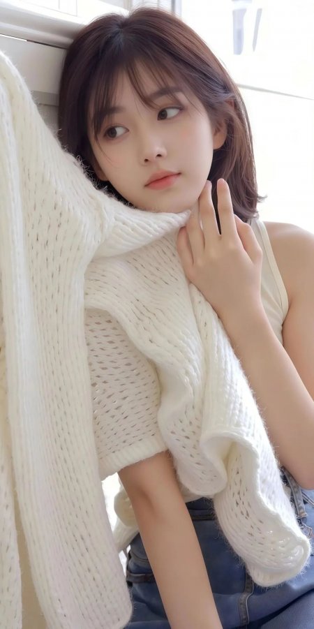 清纯白毛衣靠墙治愈美女手机壁纸