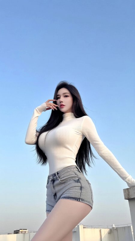 白衣牛仔短裤蓝天屋顶清爽美女手机壁纸