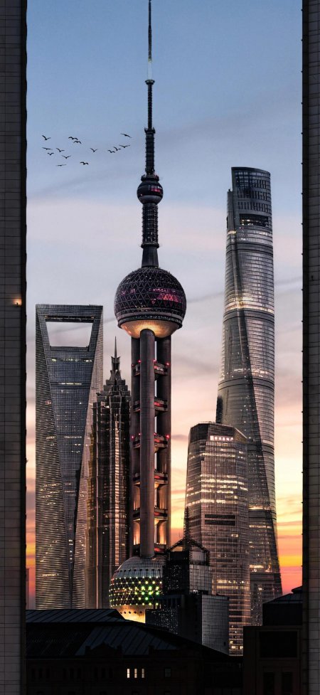 东方明珠陆家嘴晚霞摩天大楼风景手机壁纸