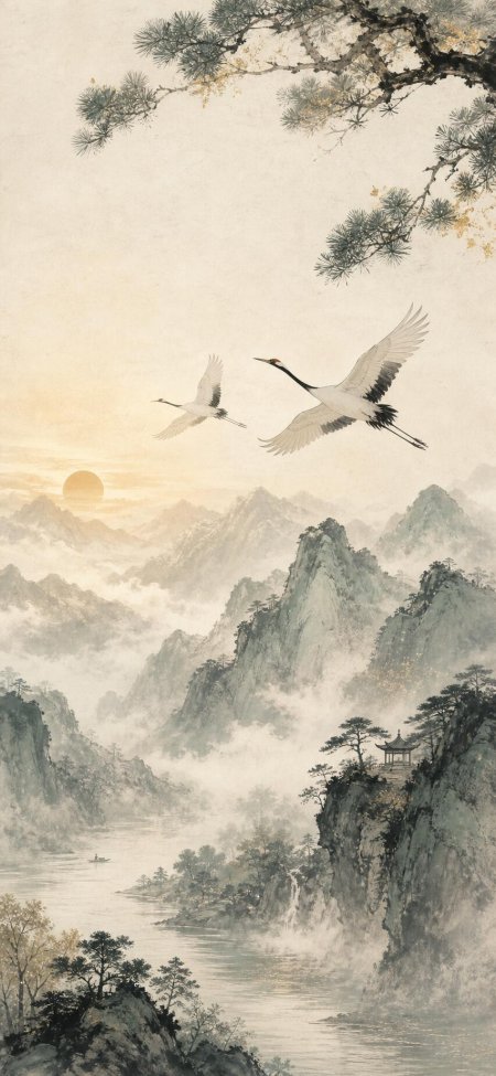 水墨山水仙鹤古松亭台风景手机壁纸