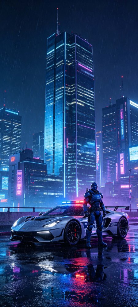 赛博朋克雨夜机甲警车霓虹创意手机壁纸