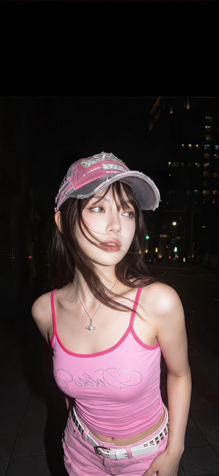 粉色吊带棒球帽夜街甜酷美女手机壁纸
