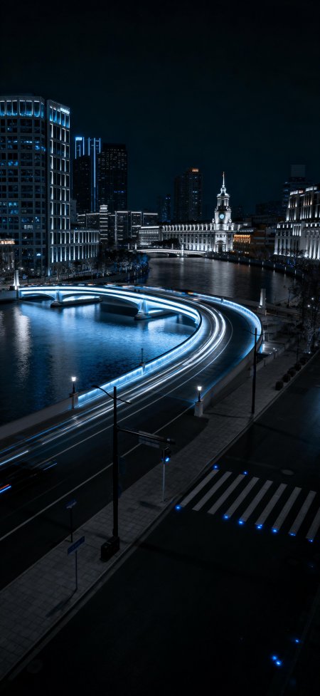 蓝调城市夜景弧桥车轨倒影风景手机壁纸