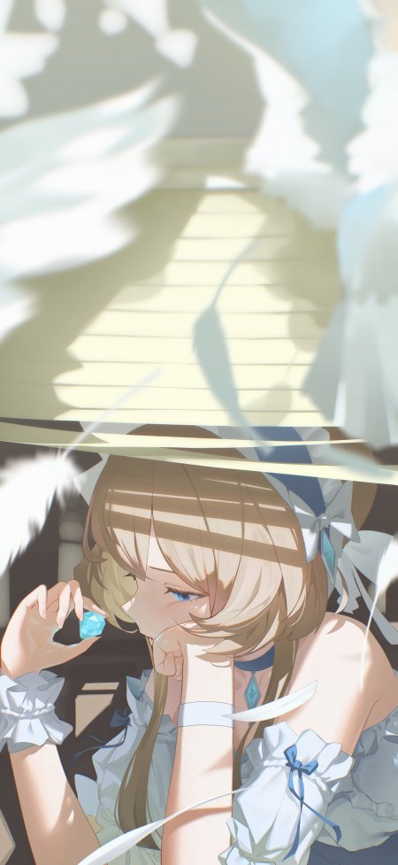 蓝瞳少女手持晶石羽毛治愈动漫手机壁纸