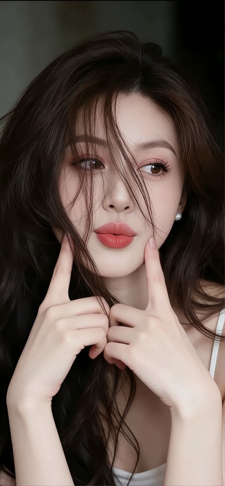 甜美长发比心手势气质美女手机壁纸
