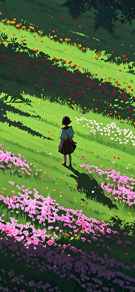 花海草地背影少女夏日动漫手机壁纸