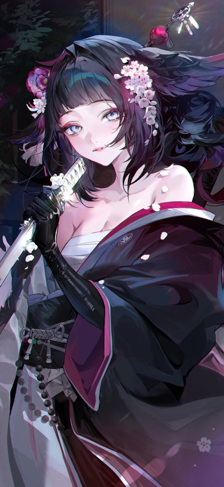 和风樱花武士刀高冷少女动漫手机壁纸