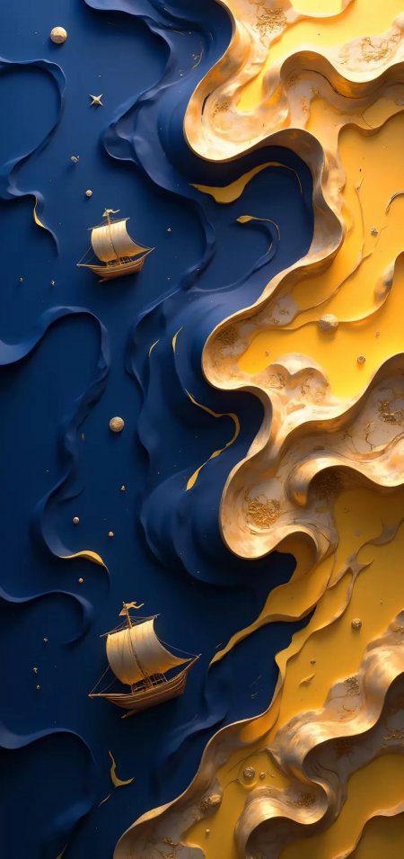 蓝金浮雕帆船星点抽象层次创意手机壁纸