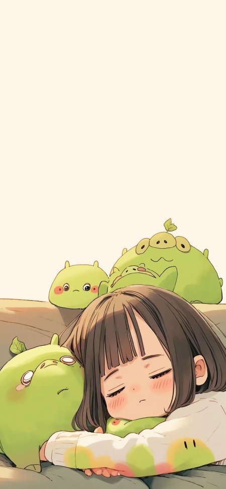 治愈系少女抱绿萌宠睡觉动漫手机壁纸
