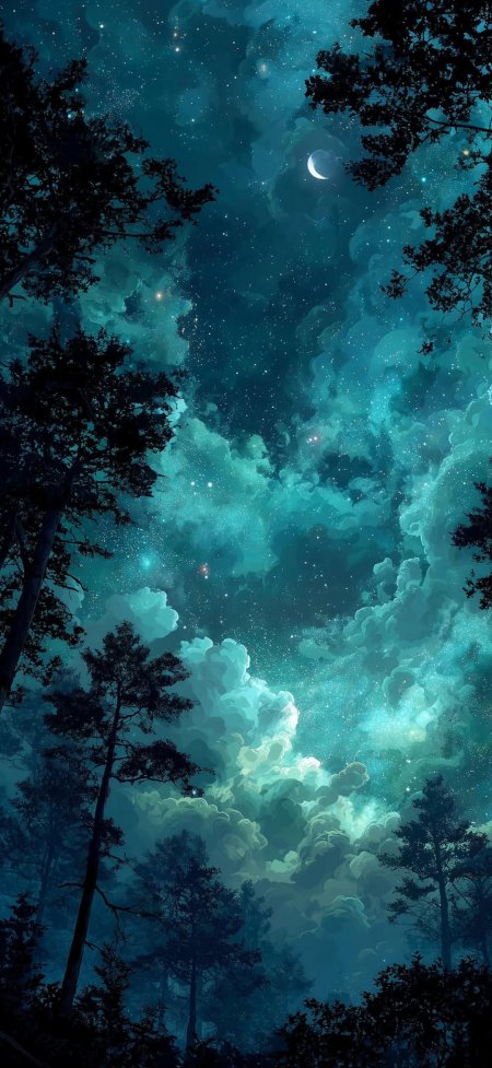 唯美青色星空弯月森林风景手机壁纸