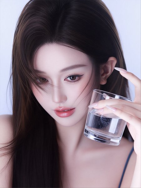 紫调长发手持水杯柔光美女手机壁纸