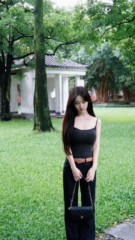 园林亭台长发吊带气质美女手机壁纸
