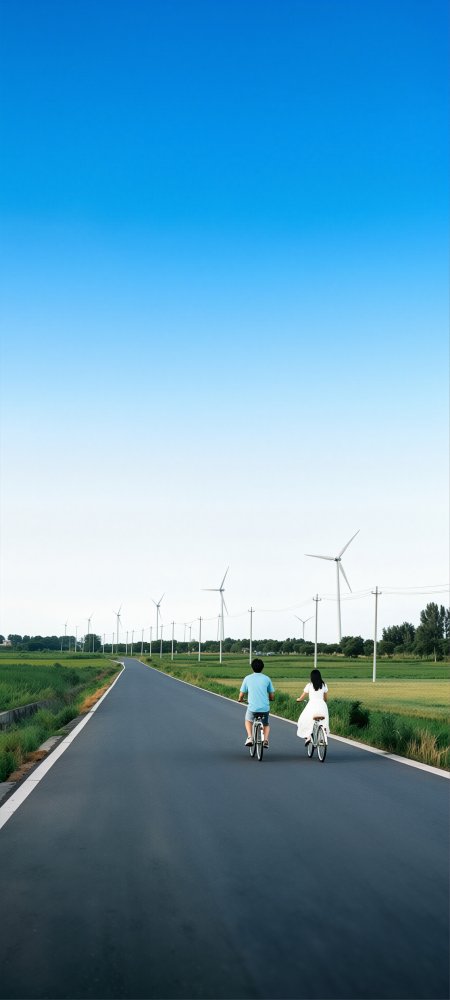 夏日田园风车公路双人骑行风景手机壁纸