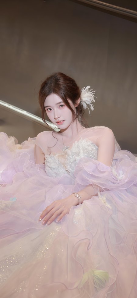 淡紫蓬裙羽毛发饰优雅美女手机壁纸