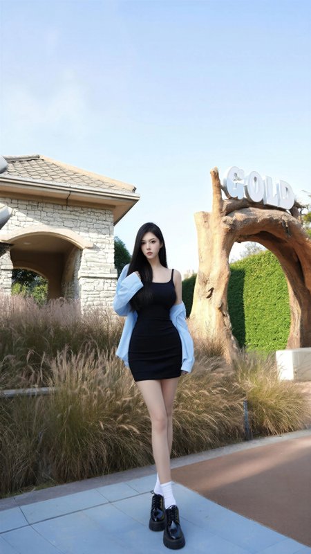 蓝衬衫黑裙户外街拍长发气质美女手机壁纸