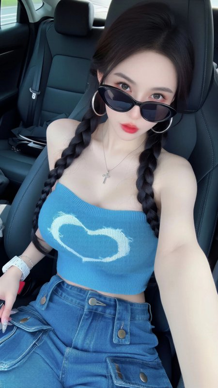墨镜双辫蓝心抹胸车内酷飒美女手机壁纸