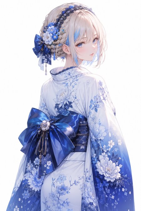 蓝白和服回眸辫发少女动漫手机壁纸