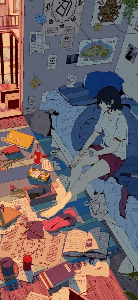 夕阳凌乱房间魔法氛围少女动漫手机壁纸