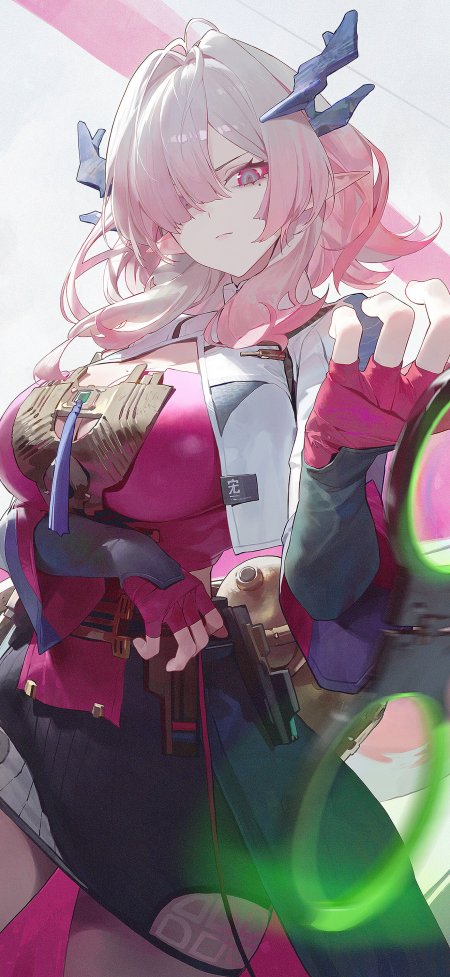 粉发双角战术少女霓虹能量游戏手机壁纸