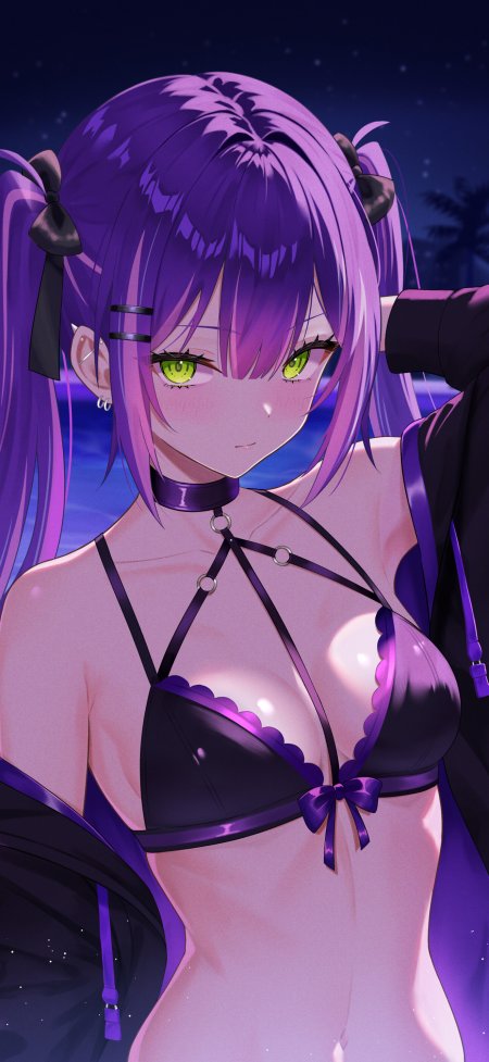 紫发双马尾泳装夜景少女动漫手机壁纸
