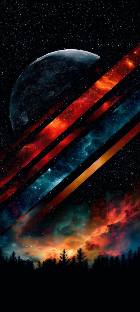 星空月球森林几何分割创意手机壁纸