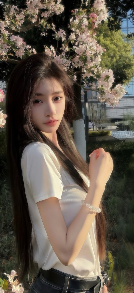 樱花树下阳光清新长发美女手机壁纸