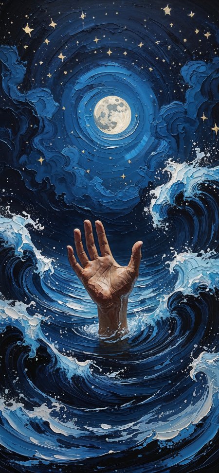 月夜大海伸出手油画肌理意境创意手机壁纸