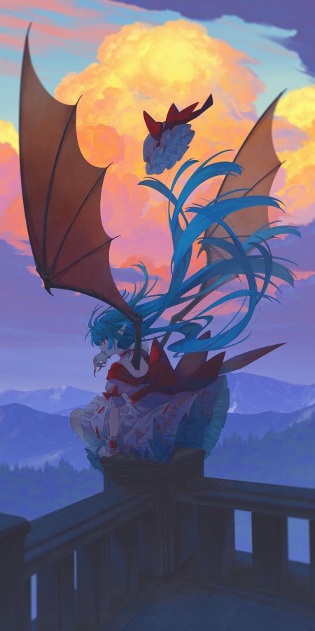 蓝发恶魔翼晚霞唯美少女动漫手机壁纸
