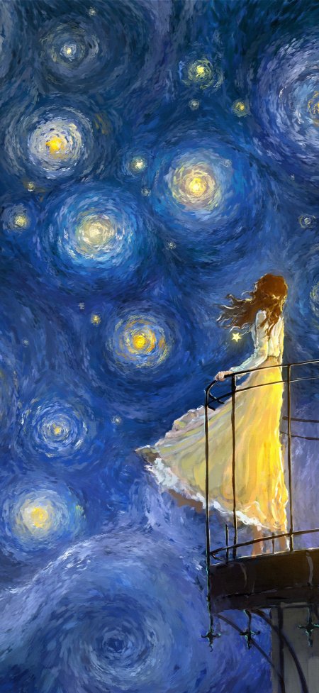 少女黄裙梵高星空油画动漫手机壁纸