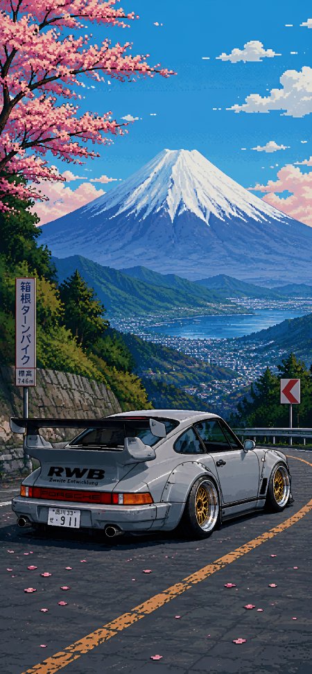 像素风富士山樱花保时捷汽车手机壁纸