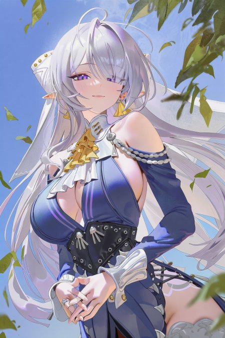 银发精灵紫瞳蓝装唯美少女动漫手机壁纸