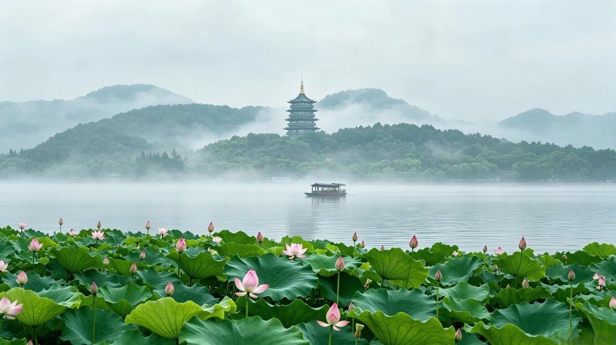 杭州西湖雷峰塔荷花游船风景电脑壁纸