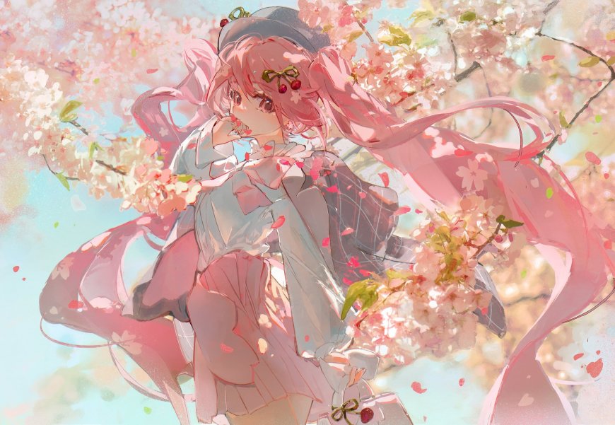 初音未来樱花米库粉发少女二次元动漫电脑壁纸