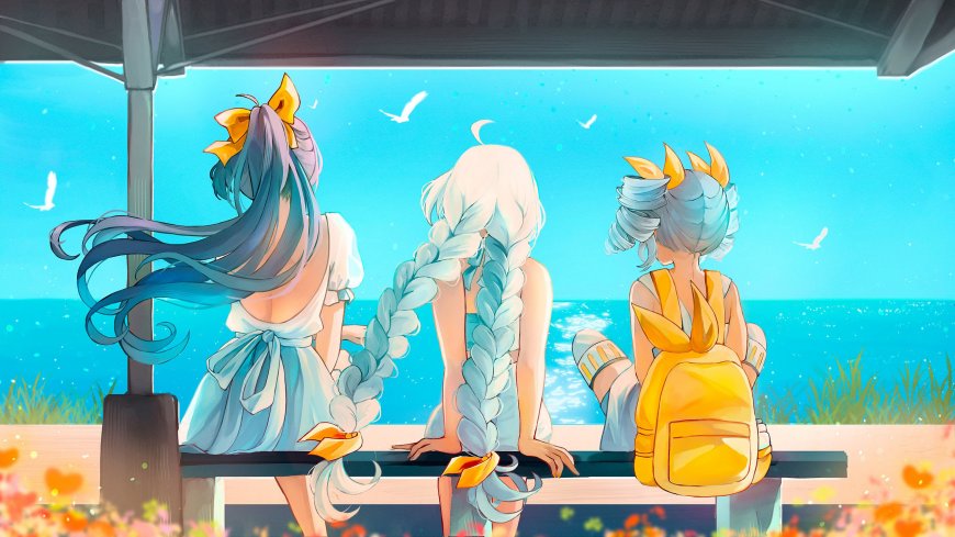 少女海边长椅背影看海夏日二次元风景电脑壁纸