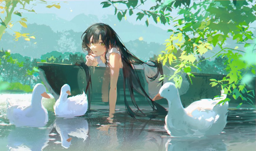 黑发少女小船戏水白鸭治愈二次元动漫电脑壁纸
