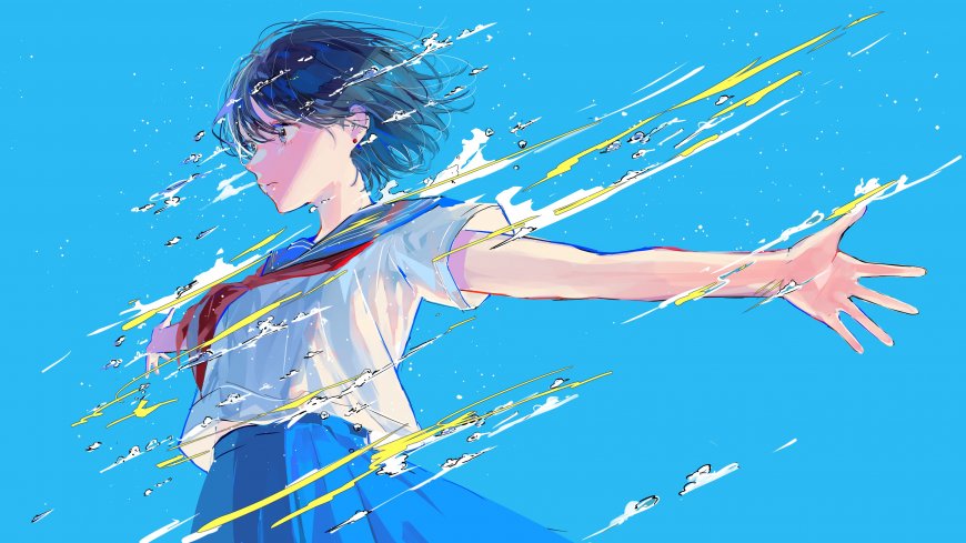 JK制服蓝发水手服少女二次元动漫电脑壁纸