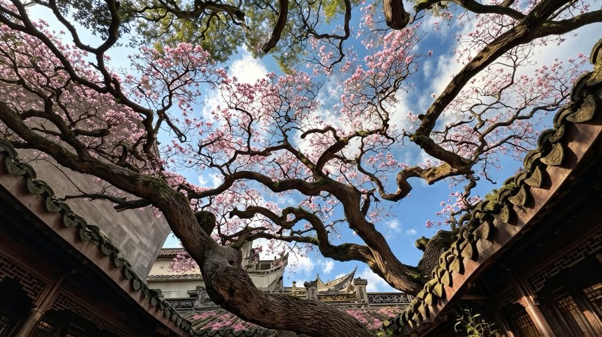 古风庭院樱花飞檐蓝天风景电脑壁纸