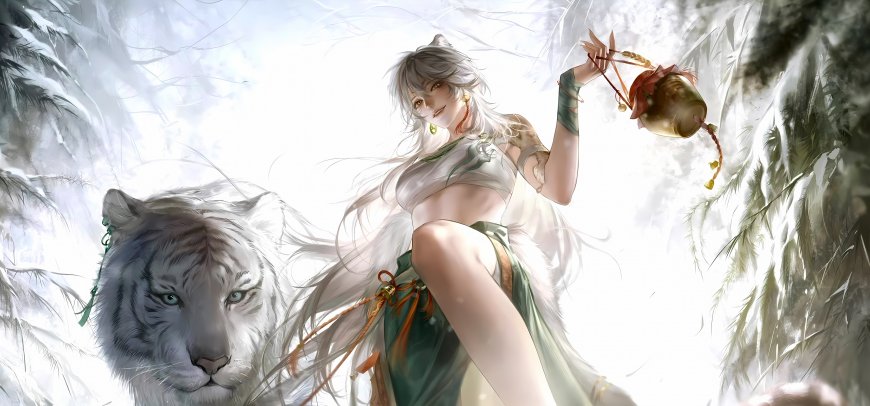 白发少女与白虎灵兽雪景奇幻二次元动漫电脑壁纸