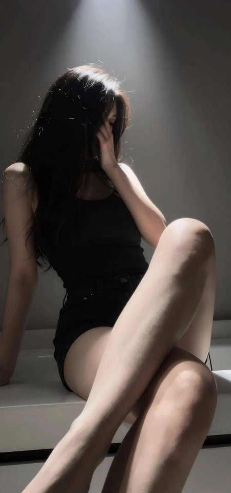 顶光暗影黑衣长腿艺术氛围感美女手机壁纸