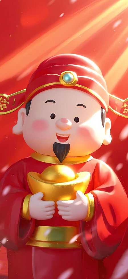 Q版财神捧元宝喜庆插画动漫手机壁纸