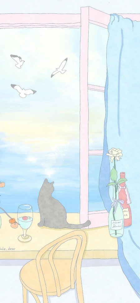 窗边猫咪望海唯美治愈手绘插画动漫手机壁纸